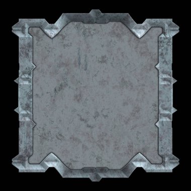 Gelecekçi tasarım şablonu. Metal paslı tabak menüsü. Teknoloji afişi beyaz arkaplanda izole edildi. Bilim kurgu elemanı grafiği. Metalik paslanmış 3 boyutlu illüstrasyon.  