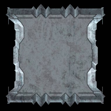 Gelecekçi tasarım şablonu. Metal paslı tabak menüsü. Teknoloji afişi beyaz arkaplanda izole edildi. Bilim kurgu elemanı grafiği. Metalik paslanmış 3 boyutlu illüstrasyon.  