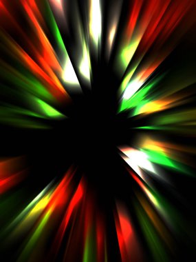 Siyah arkaplanda izole edilmiş dinamik ışık ışınları. Parlayan renkli ışık parçacıklarının grafiksel 2d çizimi.