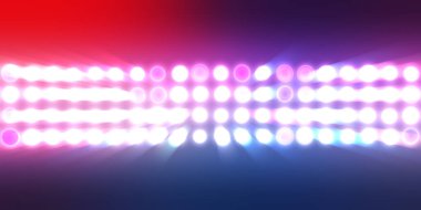 Parlak desenli duvar kağıdı. Sahne ışıkları olan renkli ışıkların ihtişamlı arkaplanı. Parlayan ışıklar siyah arka planda parti izleri. Sahne veya stadyum ışıklarının dijital illüstrasyonu. 