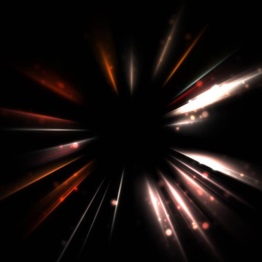 Işık huzmeleri ve parlayan parçacıkların kesiştiği güzel bir zemin. Canlı renkli ışıkların duvar kâğıdı. Parlak ışık görüntüsü.