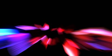 Güzel canlı renklerle enerji patlaması. Siyah arkaplanda izole edilmiş dinamik ışık ışınları. Parlayan renkli ışık parçacıklarının grafiksel 2D çizimi. Parlak tasarım şablonu.