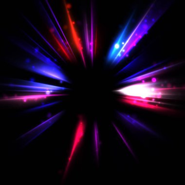 Işık huzmeleri ve parlayan parçacıkların kesiştiği güzel bir zemin. Canlı renkli ışıkların duvar kâğıdı. Parlak ışık görüntüsü.