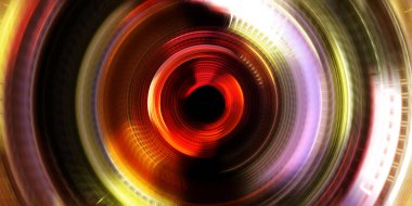 Fotoğraf makinesi konsepti. Soyut arkaplan. Dönen ışık ışınları. Hareketli kavramsal duvar kağıdı. Grafik dijital illüstrasyon. Parlayan neon ışıkları. Parlak sunum tasarım şablonu.