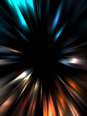 Siyah arkaplanda izole edilmiş dinamik ışık ışınları. Parlayan renkli ışık parçacıklarının grafiksel 2d çizimi.