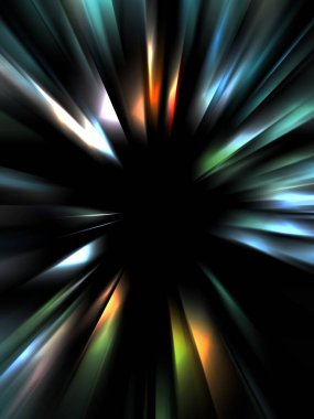 Siyah arkaplanda izole edilmiş dinamik ışık ışınları. Parlayan renkli ışık parçacıklarının grafiksel 2d çizimi.