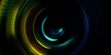 Fotoğraf makinesi konsepti. Soyut arkaplan. Dönen ışık ışınları. Hareketli kavramsal duvar kağıdı. Grafik dijital illüstrasyon. Parlayan neon ışıkları. Parlak sunum tasarım şablonu.