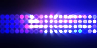 Parlak desenli duvar kağıdı. Sahne ışıkları olan renkli ışıkların ihtişamlı arkaplanı. Parlayan ışıklar siyah arka planda parti izleri. Sahne veya stadyum ışıklarının dijital illüstrasyonu. 