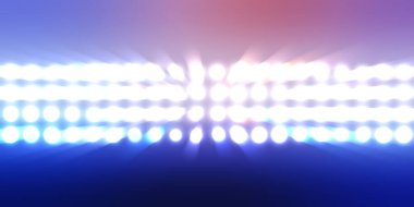 Parlak desenli duvar kağıdı. Sahne ışıkları olan renkli ışıkların ihtişamlı arkaplanı. Parlayan ışıklar siyah arka planda parti izleri. Sahne veya stadyum ışıklarının dijital illüstrasyonu. 