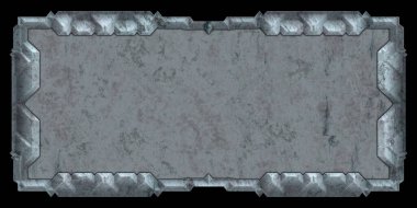 Gelecekçi tasarım şablonu. Metal paslı tabak menüsü. Teknoloji afişi beyaz arkaplanda izole edildi. Bilim kurgu elemanı grafiği. Metalik paslanmış 3 boyutlu illüstrasyon.  