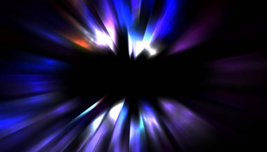 Siyah arkaplanda izole edilmiş dinamik ışık ışınları. Parlayan renkli ışık parçacıklarının grafiksel 2d çizimi.