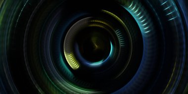 Fotoğraf makinesi konsepti. Soyut arkaplan. Dönen ışık ışınları. Hareketli kavramsal duvar kağıdı. Grafik dijital illüstrasyon. Parlayan neon ışıkları. Parlak sunum tasarım şablonu.