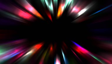 Siyah arkaplanda izole edilmiş dinamik ışık ışınları. Parlayan renkli ışık parçacıklarının grafiksel 2d çizimi.