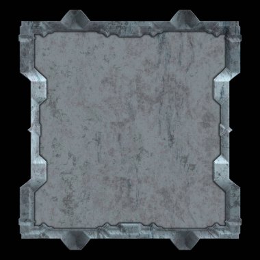 Gelecekçi tasarım şablonu. Metal paslı tabak menüsü. Teknoloji afişi beyaz arkaplanda izole edildi. Bilim kurgu elemanı grafiği. Metalik paslanmış 3 boyutlu illüstrasyon.  