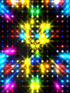 Parlayan ışıklar siyah arka planda parti izleri. Sahne veya stadyum ışıklarının dijital illüstrasyonu. Parlak desenli duvar kağıdı. Sahne ışıkları ile renkli ışıkların ihtişamlı arkaplanı.