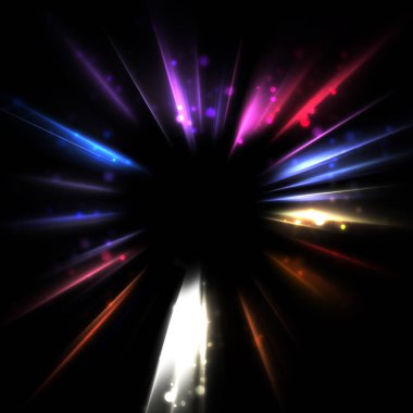 Işık huzmeleri ve parlayan parçacıkların kesiştiği güzel bir zemin. Canlı renkli ışıkların duvar kâğıdı. Parlak ışık görüntüsü.