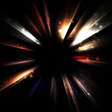 Işık huzmeleri ve parlayan parçacıkların kesiştiği güzel bir zemin. Canlı renkli ışıkların duvar kâğıdı. Parlak ışık görüntüsü.