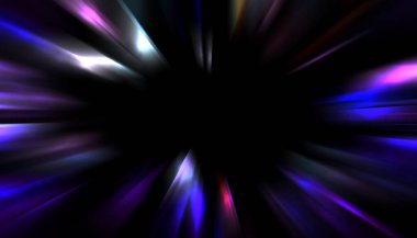 Siyah arkaplanda izole edilmiş dinamik ışık ışınları. Parlayan renkli ışık parçacıklarının grafiksel 2d çizimi.