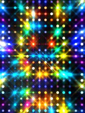 Parlayan ışıklar siyah arka planda parti izleri. Sahne veya stadyum ışıklarının dijital illüstrasyonu. Parlak desenli duvar kağıdı. Sahne ışıkları ile renkli ışıkların ihtişamlı arkaplanı.