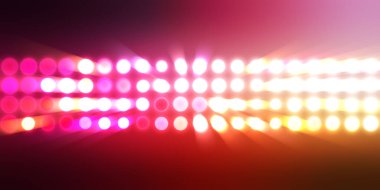 Parlak desenli duvar kağıdı. Sahne ışıkları olan renkli ışıkların ihtişamlı arkaplanı. Parlayan ışıklar siyah arka planda parti izleri. Sahne veya stadyum ışıklarının dijital illüstrasyonu. 