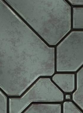 Gelecekçi kavramsal tasarım arka planı. Uzay gemisi desenli duvar kağıdı. Fırçalanmış teknoloji şablonu yüzeyi. Üç boyutlu illüstrasyon. SciFi panelleri duvar.