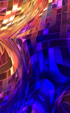 Metalik panel dokusunun 3 boyutlu çizimi. Renkli, parlak, soyut duvar kağıdı. Geometrik teknolojik parlak yansıtıcı arka plan. Yaratıcı parlak kavramsal arkaplan.