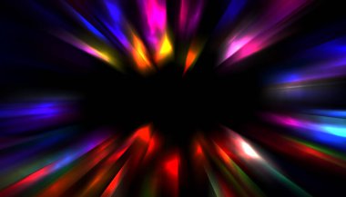 Siyah arkaplanda izole edilmiş dinamik ışık ışınları. Parlayan renkli ışık parçacıklarının grafiksel 2d çizimi.