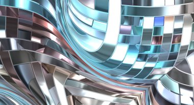 Metalik panel dokusunun 3 boyutlu çizimi. Renkli, parlak, soyut duvar kağıdı. Geometrik teknolojik parlak yansıtıcı arka plan. Yaratıcı parlak kavramsal arkaplan.