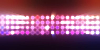 Parlak desenli duvar kağıdı. Sahne ışıkları olan renkli ışıkların ihtişamlı arkaplanı. Parlayan ışıklar siyah arka planda parti izleri. Sahne veya stadyum ışıklarının dijital illüstrasyonu. 