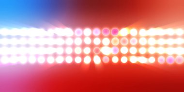 Parlak desenli duvar kağıdı. Sahne ışıkları olan renkli ışıkların ihtişamlı arkaplanı. Parlayan ışıklar siyah arka planda parti izleri. Sahne veya stadyum ışıklarının dijital illüstrasyonu. 