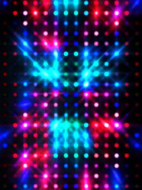Parlayan ışıklar siyah arka planda parti izleri. Sahne veya stadyum ışıklarının dijital illüstrasyonu. Parlak desenli duvar kağıdı. Sahne ışıkları ile renkli ışıkların ihtişamlı arkaplanı.
