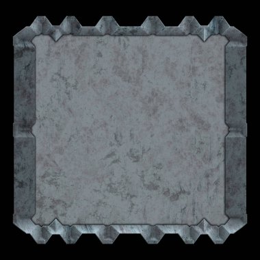 Gelecekçi tasarım şablonu. Metal paslı tabak menüsü. Teknoloji afişi beyaz arkaplanda izole edildi. Bilim kurgu elemanı grafiği. Metalik paslanmış 3 boyutlu illüstrasyon.  