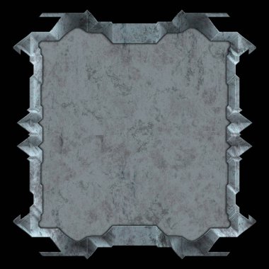 Gelecekçi tasarım şablonu. Metal paslı tabak menüsü. Teknoloji afişi beyaz arkaplanda izole edildi. Bilim kurgu elemanı grafiği. Metalik paslanmış 3 boyutlu illüstrasyon.  