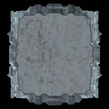 Gelecekçi tasarım şablonu. Metal paslı tabak menüsü. Teknoloji afişi beyaz arkaplanda izole edildi. Bilim kurgu elemanı grafiği. Metalik paslanmış 3 boyutlu illüstrasyon.  