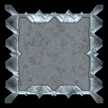 Gelecekçi tasarım şablonu. Metal paslı tabak menüsü. Teknoloji afişi beyaz arkaplanda izole edildi. Bilim kurgu elemanı grafiği. Metalik paslanmış 3 boyutlu illüstrasyon.  