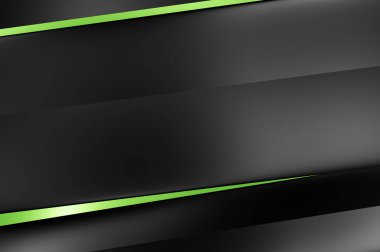 Metin için kopyalama alanı olan soyut siyah paneller. Üç boyutlu illüstrasyon. Renkli ışık özellikli koyu renk tasarım şablonu. Zarif geometrik parlak çizgili arka plan. Minimalist geometrik kapak grafiği.