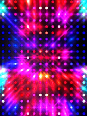 Parlayan ışıklar siyah arka planda parti izleri. Sahne veya stadyum ışıklarının dijital illüstrasyonu. Parlak desenli duvar kağıdı. Sahne ışıkları ile renkli ışıkların ihtişamlı arkaplanı.