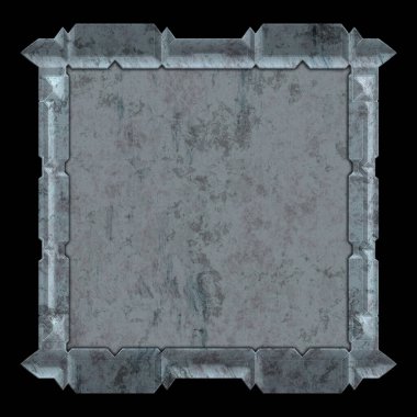 Gelecekçi tasarım şablonu. Metal paslı tabak menüsü. Teknoloji afişi beyaz arkaplanda izole edildi. Bilim kurgu elemanı grafiği. Metalik paslanmış 3 boyutlu illüstrasyon.  