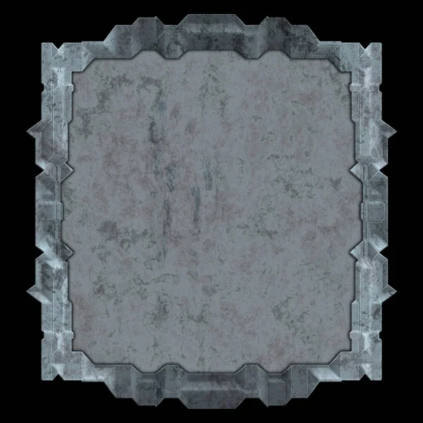 Gelecekçi tasarım şablonu. Metal paslı tabak menüsü. Teknoloji afişi beyaz arkaplanda izole edildi. Bilim kurgu elemanı grafiği. Metalik paslanmış 3 boyutlu illüstrasyon.  