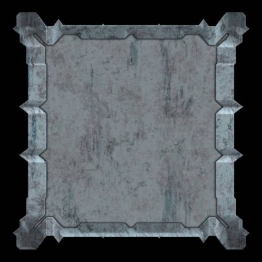 Gelecekçi tasarım şablonu. Metal paslı tabak menüsü. Teknoloji afişi beyaz arkaplanda izole edildi. Bilim kurgu elemanı grafiği. Metalik paslanmış 3 boyutlu illüstrasyon.  