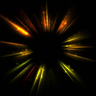 Işık huzmeleri ve parlayan parçacıkların kesiştiği güzel bir zemin. Canlı renkli ışıkların duvar kâğıdı. Parlak ışık görüntüsü.