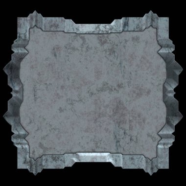 Gelecekçi tasarım şablonu. Metal paslı tabak menüsü. Teknoloji afişi beyaz arkaplanda izole edildi. Bilim kurgu elemanı grafiği. Metalik paslanmış 3 boyutlu illüstrasyon.  