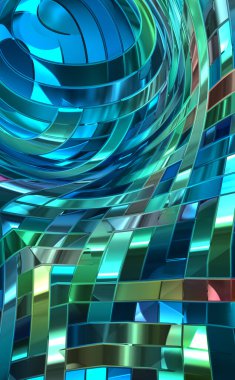 Metalik panel dokusunun 3 boyutlu çizimi. Renkli, parlak, soyut duvar kağıdı. Geometrik teknolojik parlak yansıtıcı arka plan. Yaratıcı parlak kavramsal arkaplan.