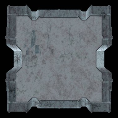 Gelecekçi tasarım şablonu. Metal paslı tabak menüsü. Teknoloji afişi beyaz arkaplanda izole edildi. Bilim kurgu elemanı grafiği. Metalik paslanmış 3 boyutlu illüstrasyon.  