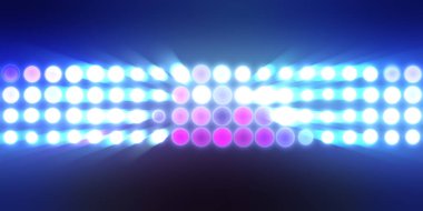 Parlak desenli duvar kağıdı. Sahne ışıkları olan renkli ışıkların ihtişamlı arkaplanı. Parlayan ışıklar siyah arka planda parti izleri. Sahne veya stadyum ışıklarının dijital illüstrasyonu. 