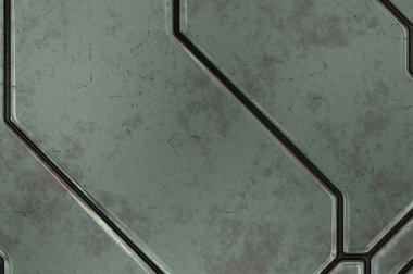 Gelecekçi kavramsal tasarım arka planı. Uzay gemisi desenli duvar kağıdı. Fırçalanmış teknoloji şablonu yüzeyi. Üç boyutlu illüstrasyon. SciFi panelleri duvar.