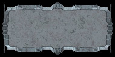 Gelecekçi tasarım şablonu. Metal paslı tabak menüsü. Teknoloji afişi beyaz arkaplanda izole edildi. Bilim kurgu elemanı grafiği. Metalik paslanmış 3 boyutlu illüstrasyon.  