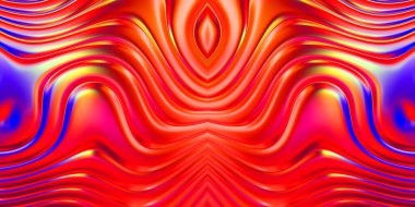 Renkli dalgalı yansıtıcı duvar kağıdının üç boyutlu çizimi. Duvar kağıdı, afiş, arkaplan, kart, kitap kapağı veya web sitesi için grafiksel illüstrasyon. Soyut parlak arkaplan.