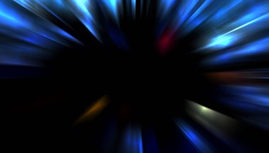 Siyah arkaplanda izole edilmiş dinamik ışık ışınları. Parlayan renkli ışık parçacıklarının grafiksel 2d çizimi.