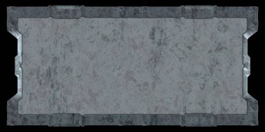 Gelecekçi tasarım şablonu. Metal paslı tabak menüsü. Teknoloji afişi beyaz arkaplanda izole edildi. Bilim kurgu elemanı grafiği. Metalik paslanmış 3 boyutlu illüstrasyon.  